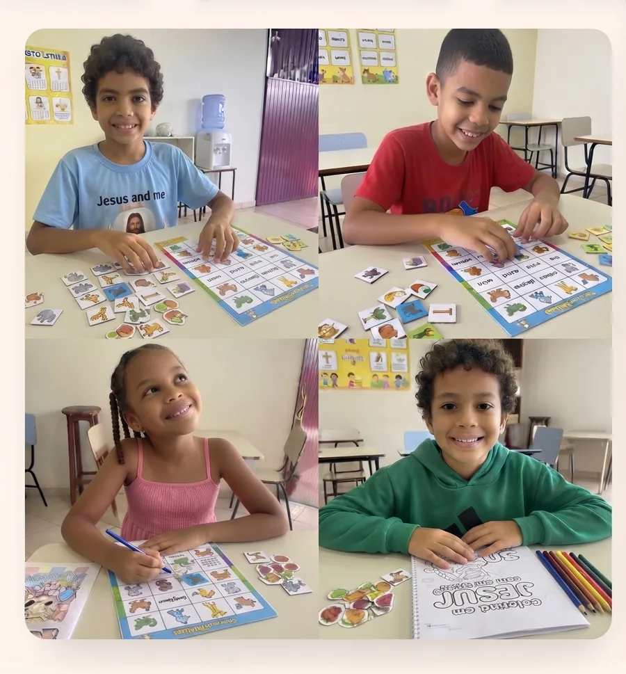 Crianças sentadas à mesa de uma sala de aula, usando atividades impressas